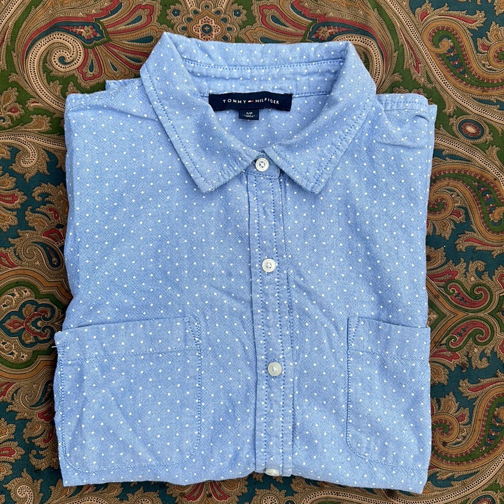 Tommy Hilfiger cuffed shortsleeve button down shirt blue w white dots Petite S - Picture 6 of 6